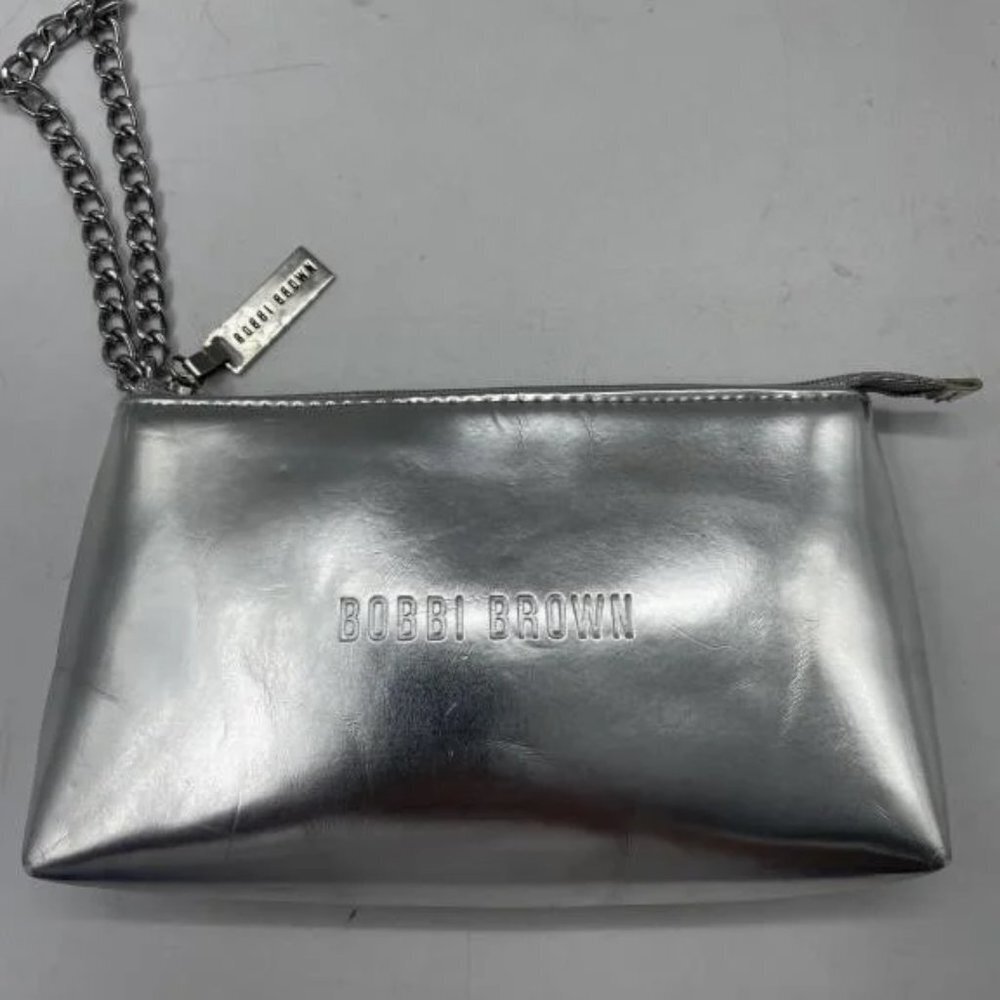 BOGO Bobbi Brown Silver Metallic Wristlet Pouch Clutch w/ Silver Chain CosmeticS